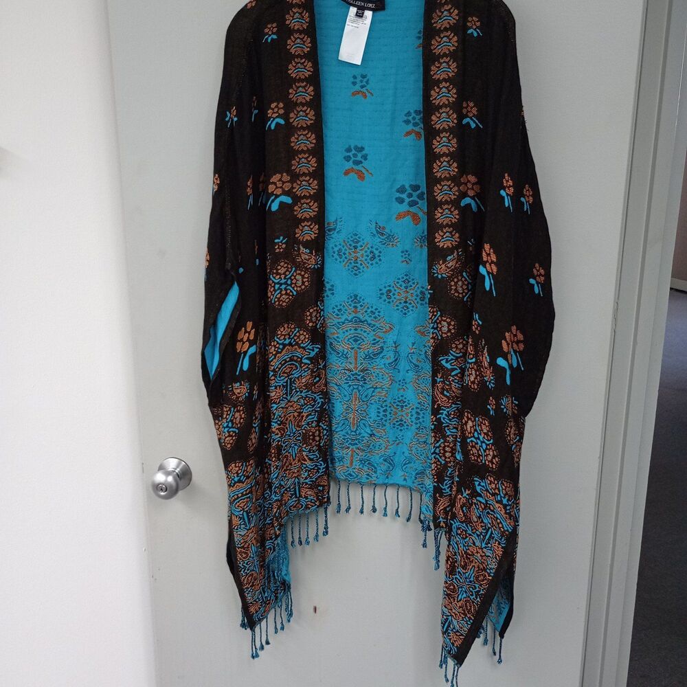 Colleen Lopez Open Front Longline Fringed Kimono Poncho 100% Viscous XL Colorful